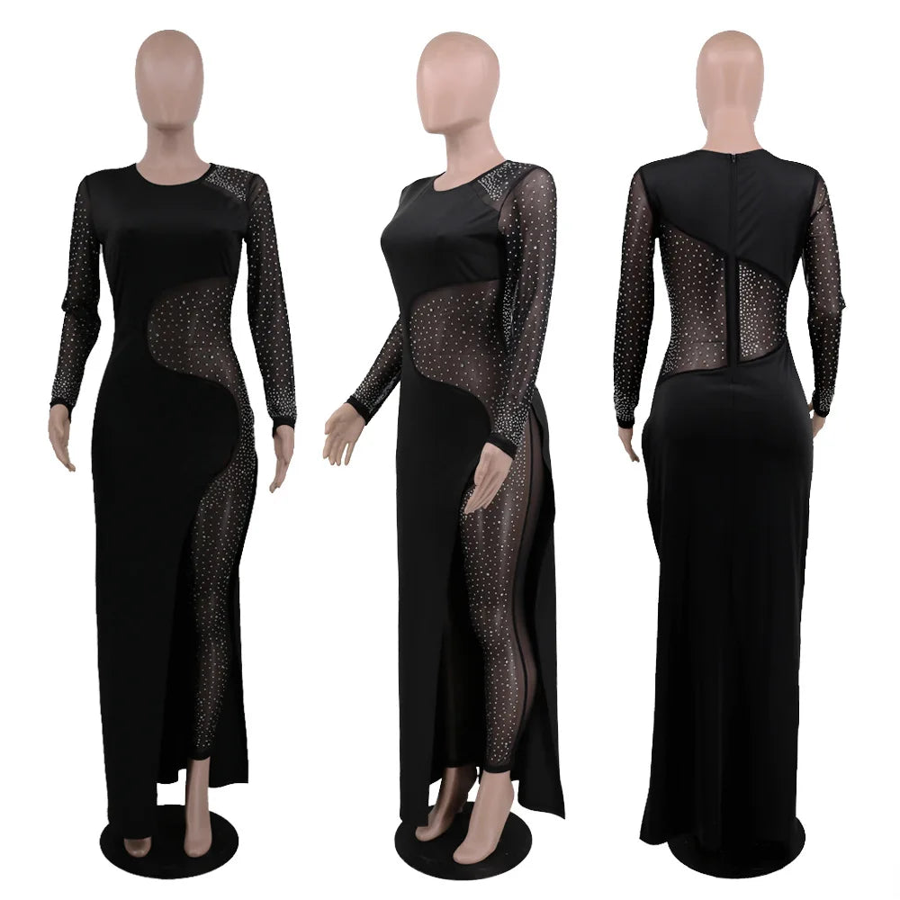 Women Sexy Mesh Rhinestone Irregular Skinny Jumpsuits