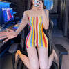 Sexy Dress Rainbow Stripe Shoulderless Temptation Tight Wrapped Hip Short Skirt Casual women's dresses Women's summer dress xxx
