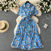 2024 Summer Women Floral Pleated Dress Vintage Turn-Down Collar Short Sleeve Single Breasted Printed Draped Midi Vestidos New