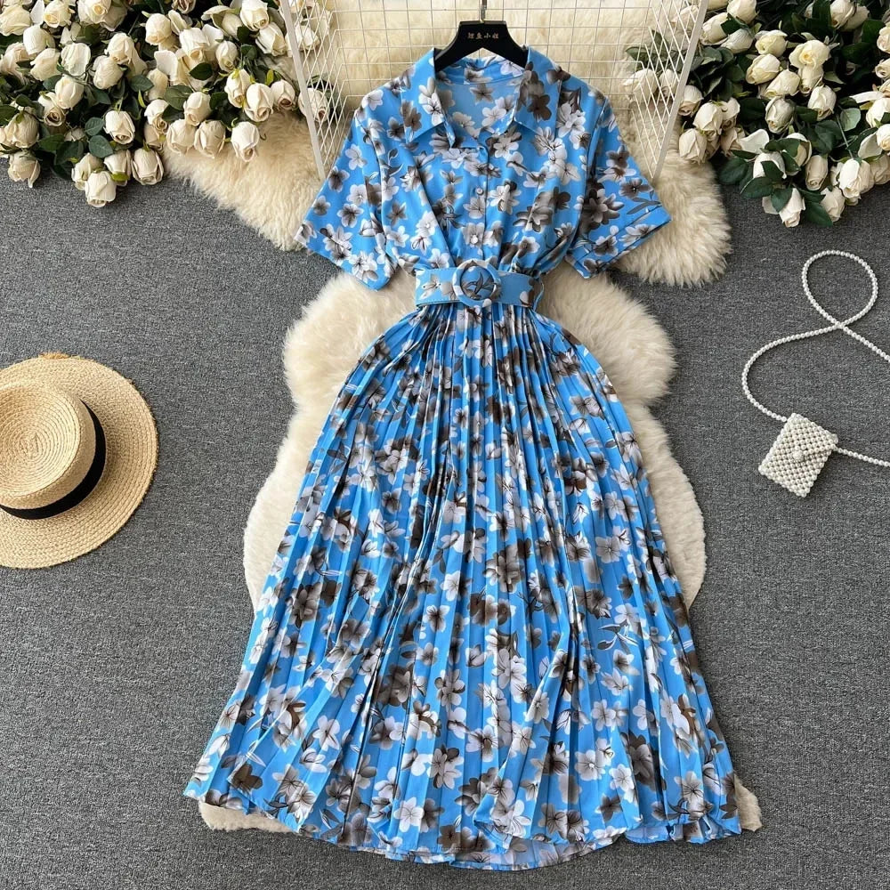 2024 Summer Women Floral Pleated Dress Vintage Turn-Down Collar Short Sleeve Single Breasted Printed Draped Midi Vestidos New