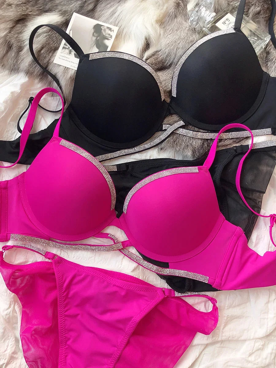 2 Pieces Sexy Underwear Set for Women Classic Cross Hollow Bra Sparkle Rhinestones Lingerie Deep V Push Up Brassiere Set