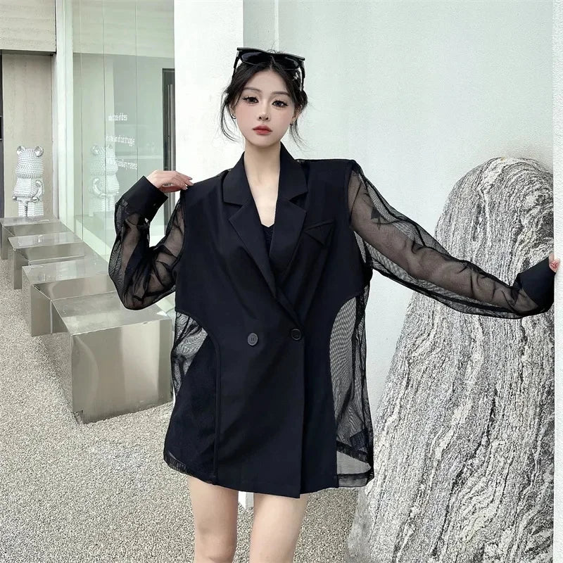 Fashion Hollow Out Mesh Patchwork Blazer for Women Y2K Korean Chic Net Long Sleeves Loose Black Coat Gothic Casual Suit Jacket