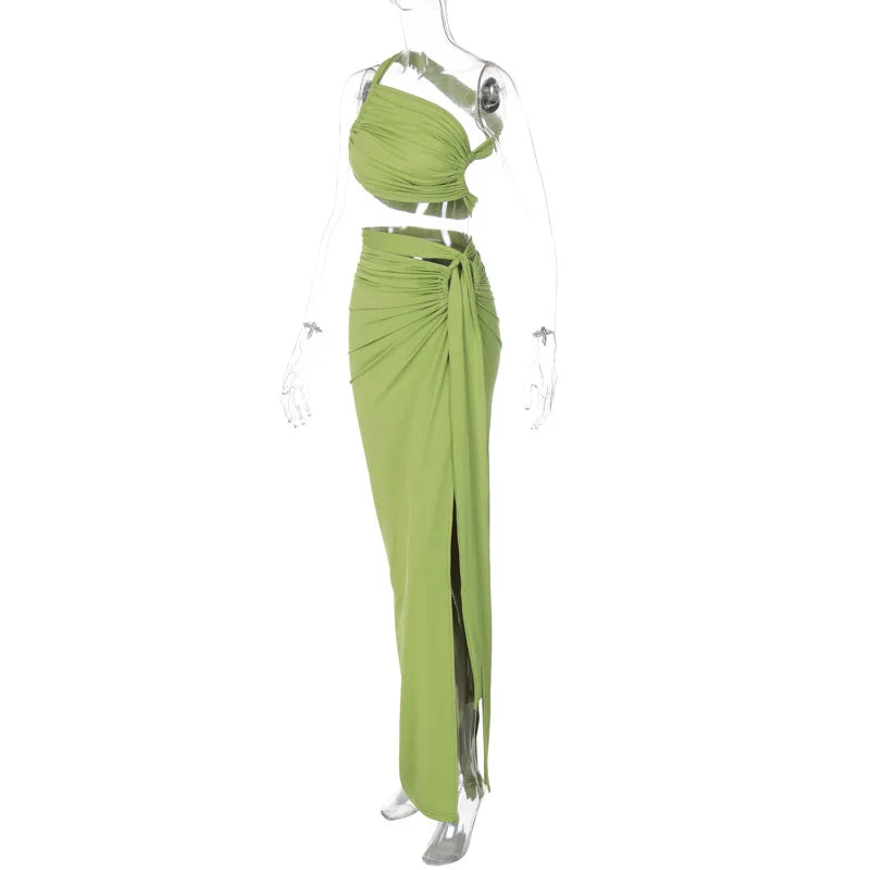 Ladies Spring 2 Pieces Sleeveless Backless Strap Spit Crop Top Side Slit Slim Fit Maxi Skirt Set Women Evening Party Clubwear