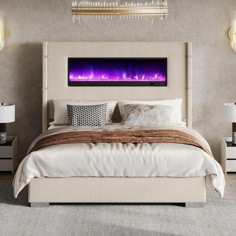 Bed Frame with Fireplace,Wingback Platform Bed Frame with 60.4“ Extra Tall Headboard,Corduroy Upholstered Bed Frame Wooden Slats