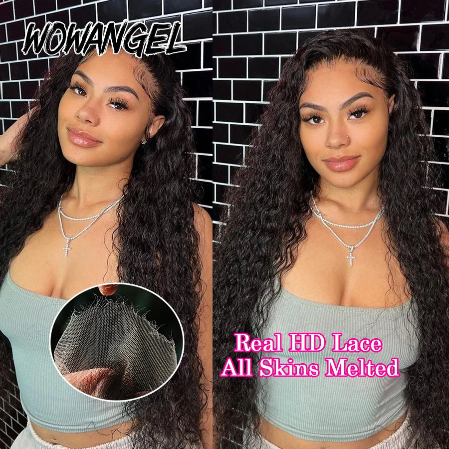 Wow Angel 13x6 HD Lace Frontal Wigs Water Wave Wigs Pre Plucked Human Hair Wigs Melt Skins Curly Brazilian Hair For Women