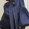 Gymystars New Trendy Imitation Denim Blouse Tops for Women Long Puff Sleeves Bow-Embellished High Neck Women's Autumn Shirts