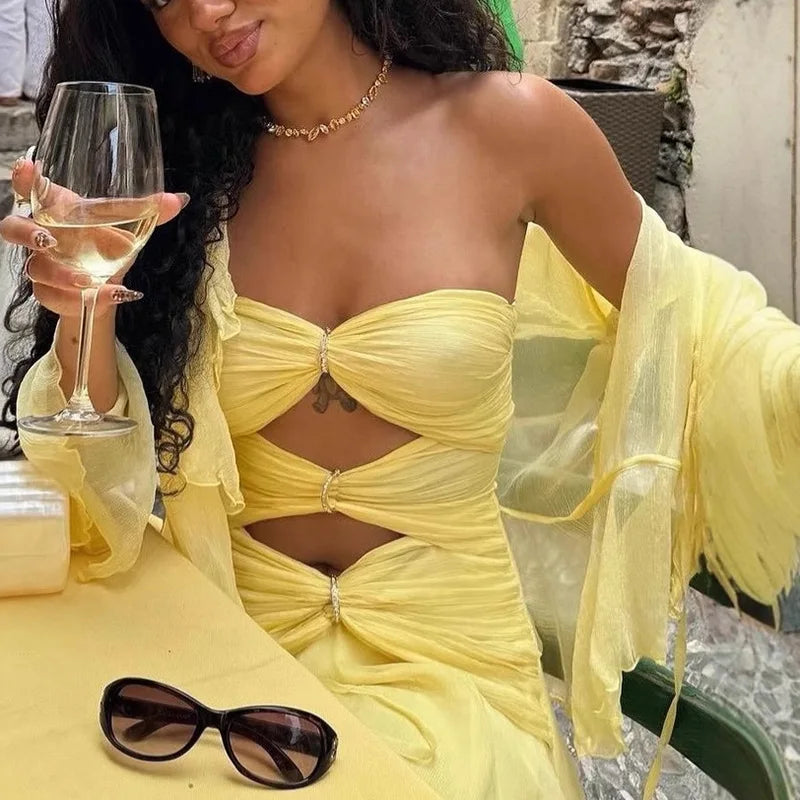 Female Solid Pleat Party Dress Women High Street Cocktail Mini Dress Sexy 2025 Strapless Night Club Hollow Backless Mini Dress