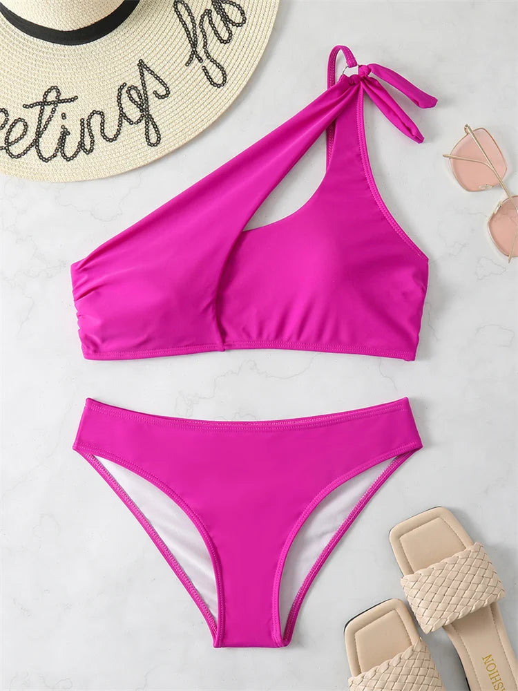 Bikini 2025 New Swimsuit Women Swimwear Solid Black One Shoulder Bikinis Set Bathing Suit Female Two Pieces Beach Wear Biquini