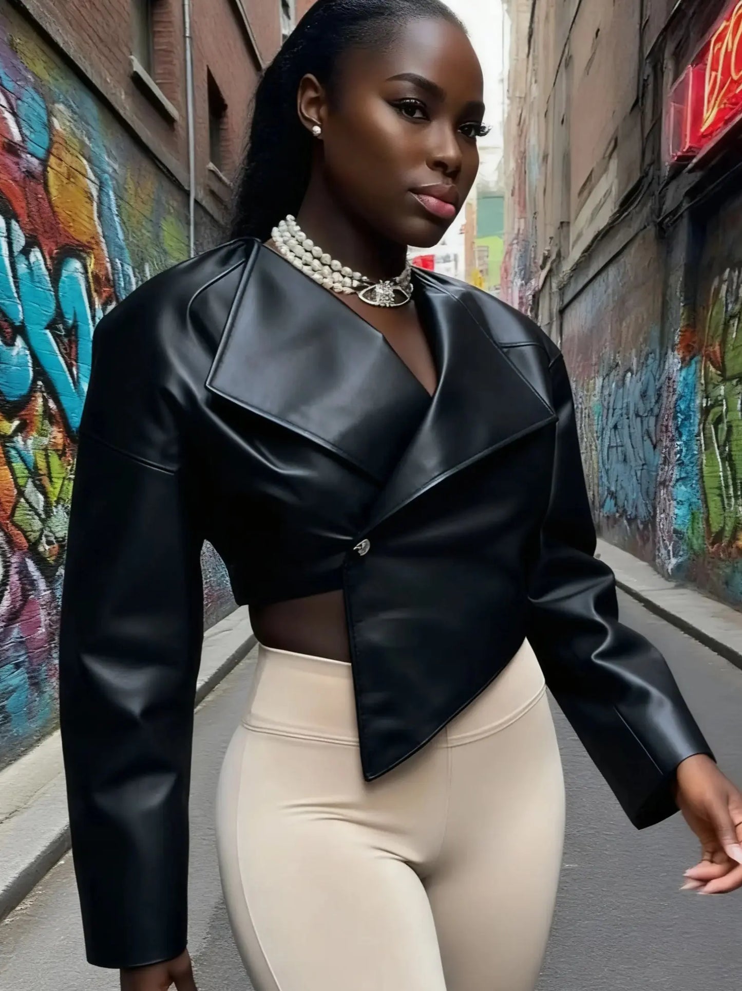 Sisterlinda Faux Leather Single Button Crop Jacket Women Autumn Trend Cross Neck Full Sleeve Wild Style Classic Streetwear Coat