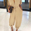 Summer Fashion V-Neck Button Lace-Up Jumpsuit Short Sleeve Loose Playsuit Overalls Women Elegant Leopard Print Pocket Rompers