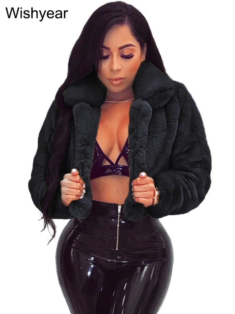 Fashion Faux Fur Open Stitch Lapel Crop Jackets Women Clothing Autumn Winter Solid Long Sleeve Warm Furry Fluffy Coat Outer Wear