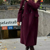 HH Women Fashion Burgundy Woolen Coat Double Breasted Long Sleeve Lapel Blends Jacket Autumn Winter High Street Outerwear