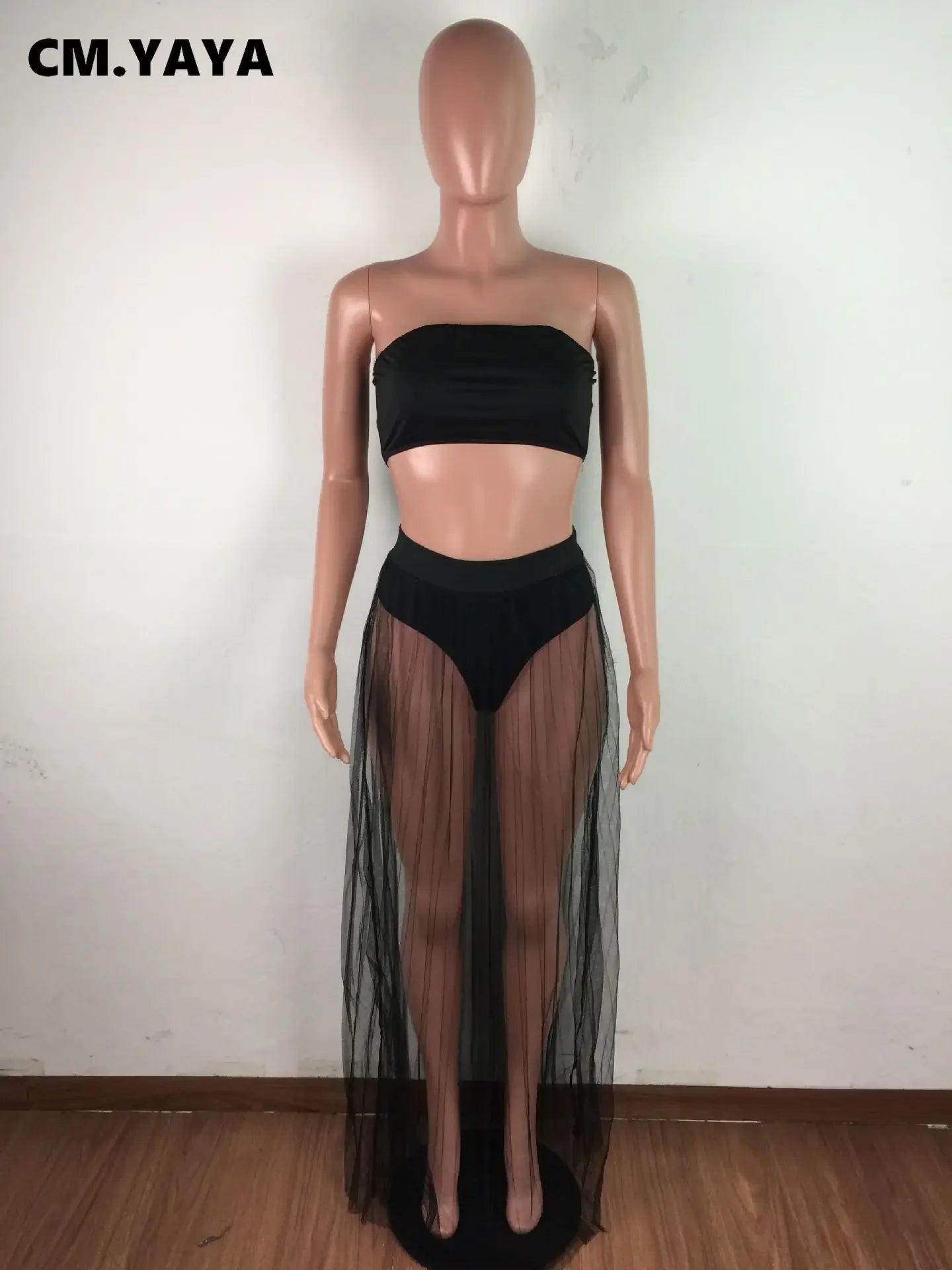 CM.YAYA Women Mesh See Though Two Piece Set Sexy Beach Strapless Tops and Pleated Maxi Skirts Matching Set Summer Outfits