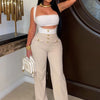 Beyprern Elegant Women's Suspender Jumpsuits Two-Piece Outfits Glam Fitted Button Details Wide Legs Long Pants Jumpsuit Clubwear