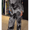 Casual Sets for Women 2 pieces Summer Fashion Printed Satin Two Piece Sets Women Sexy Round Neck Top+Wide Leg Long Pants Outfits