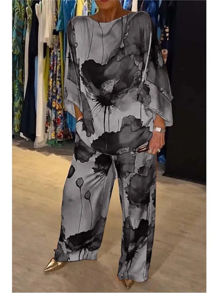 Casual Sets for Women 2 pieces Summer Fashion Printed Satin Two Piece Sets Women Sexy Round Neck Top+Wide Leg Long Pants Outfits