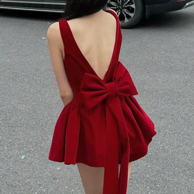 Tuularose Red Bow Dress Women's Sexy Backless Slim Tank Top A Line Dress Sleeveless Spaghetti Straps Luxury Party Evening Dress