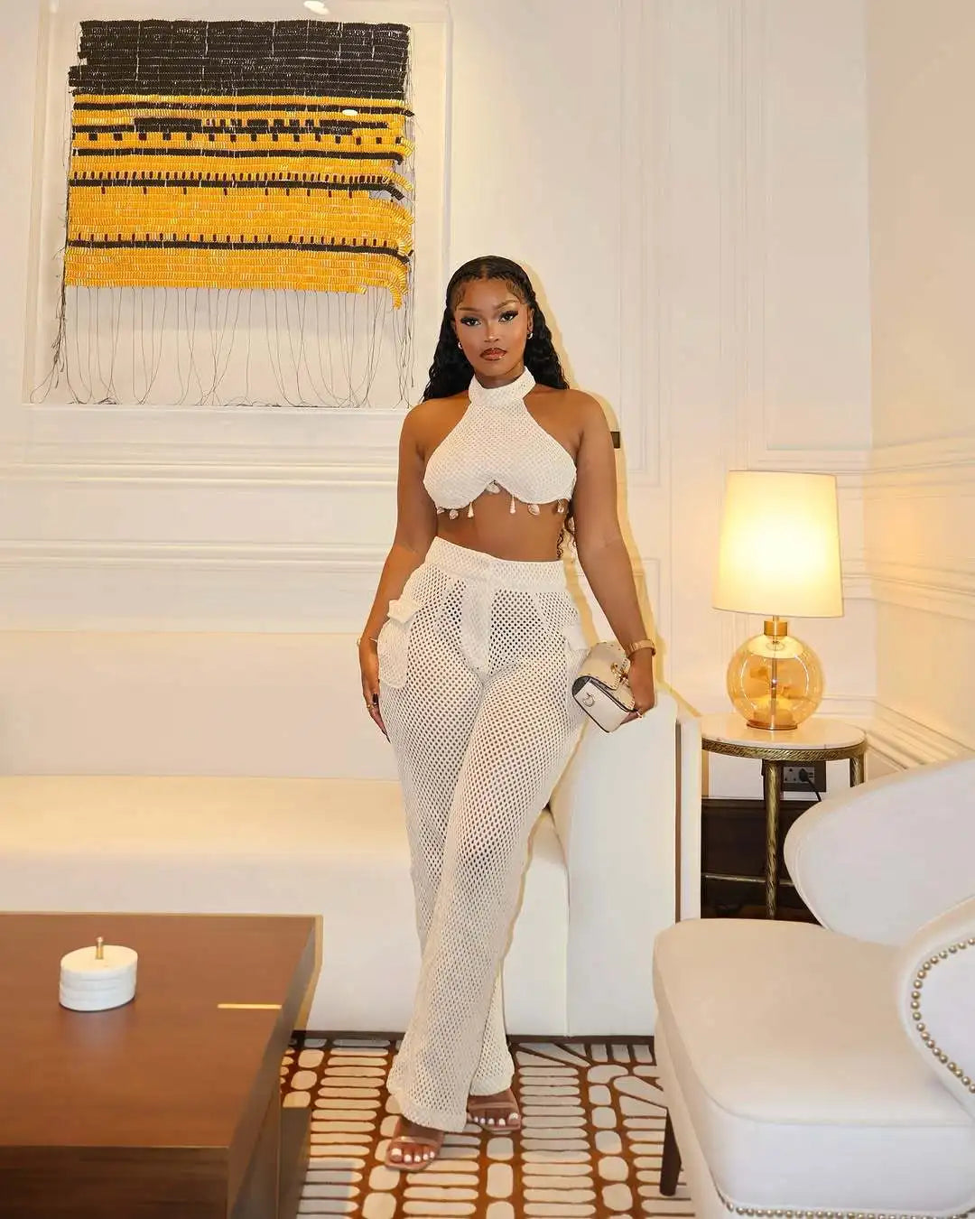 2025 Summer New Fashionable Women's Two Piece Solid Color Neck Hanging Skirt Top with Hollow Pocket Pants Set