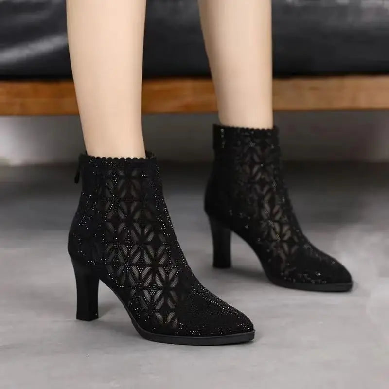 Rubber Soled Women's Dance Boots 6 Cm High Heel Black Shoes Summer Breathable Pointed Mesh Top Jazz Latin Modern Dance Shoes