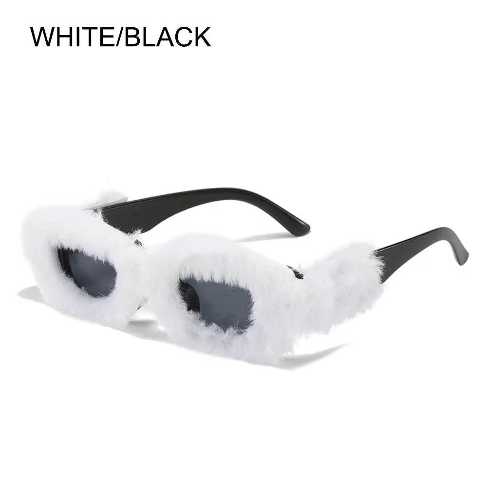 NEW Trendy Rectangle Sunglasses Women Punk Plush Sun Glasses Ladies UV400 Shades Fashion Funny Decor Eyewear