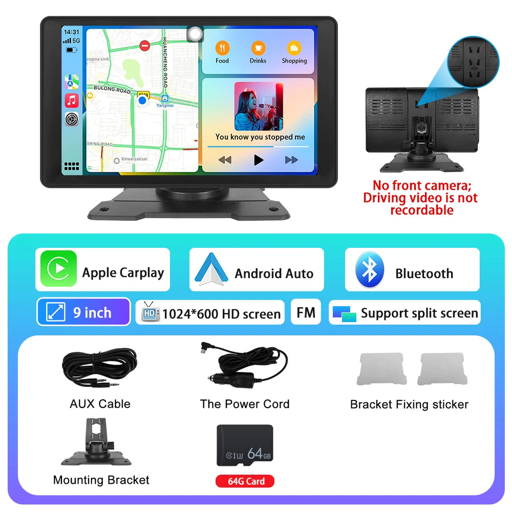 Podofo 9" Car Radio Multimedia Video Player Wireless Carplay Android Auto Car Mirror DVR Recorder Dashboard For Nissan Toyota