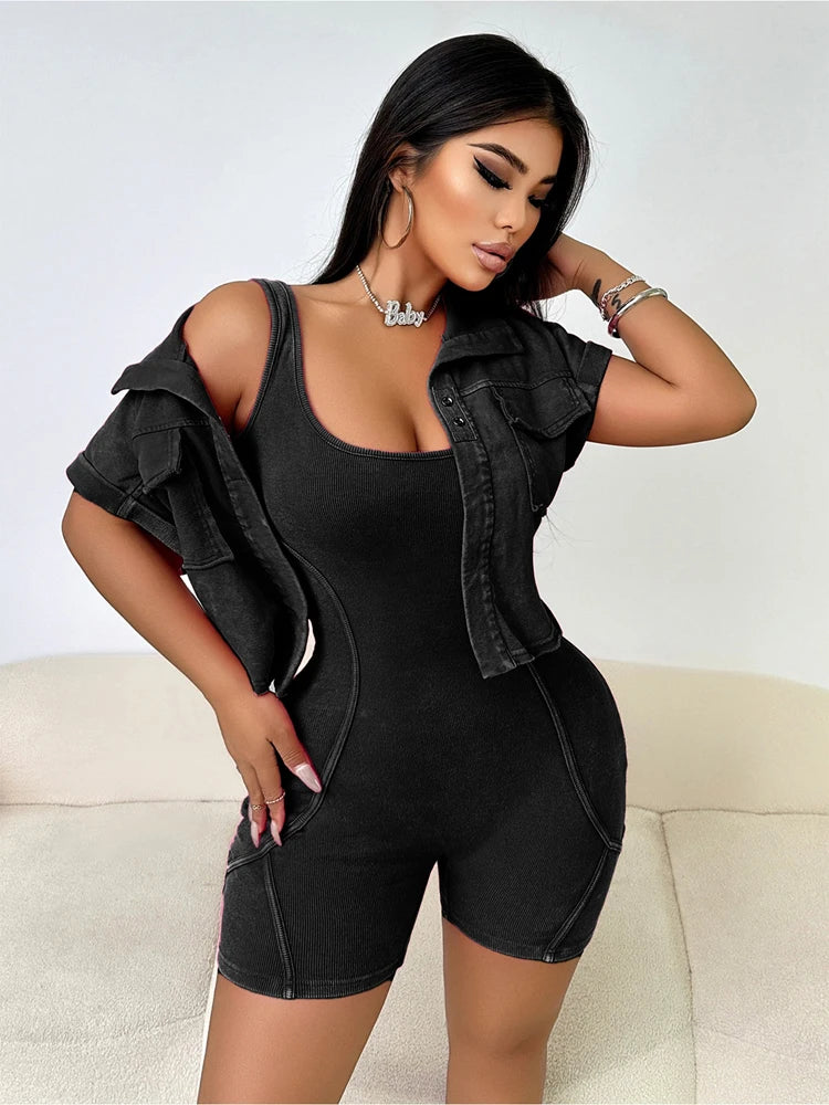 Women Clothes Sexy Female Fitness Gym Jumpsuit Shorts Acid Wash Vintage Bodycon Romper One Piece Short Sleeve Jacket 2 Piece Set