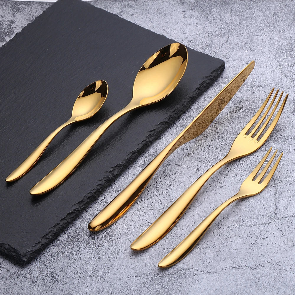 6/16/20/24Pcs Gold Tableware Stainless Steel 304 Cutlery Set Western Dinner Set Mirror Knife Fork Spoon Smooth Handle Flatware
