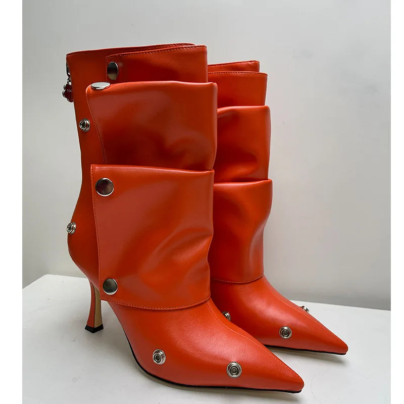 2025 Classics Women Pointed Toe Strange Heels Boots For Woman's Rivet Button Zipper-Sid Solid Color High Heels Shoes Botas Altas