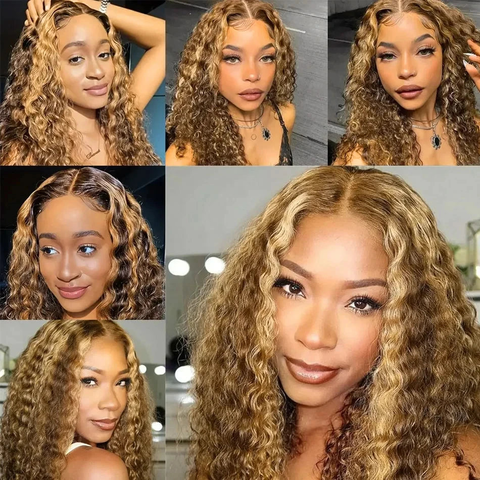 13x4 HD Lace Human Hair Short Human Hair Wigs Curly Color 4/27 Highlight Ombre Human Hair Deep Wave Bob Wigs Curly For Women
