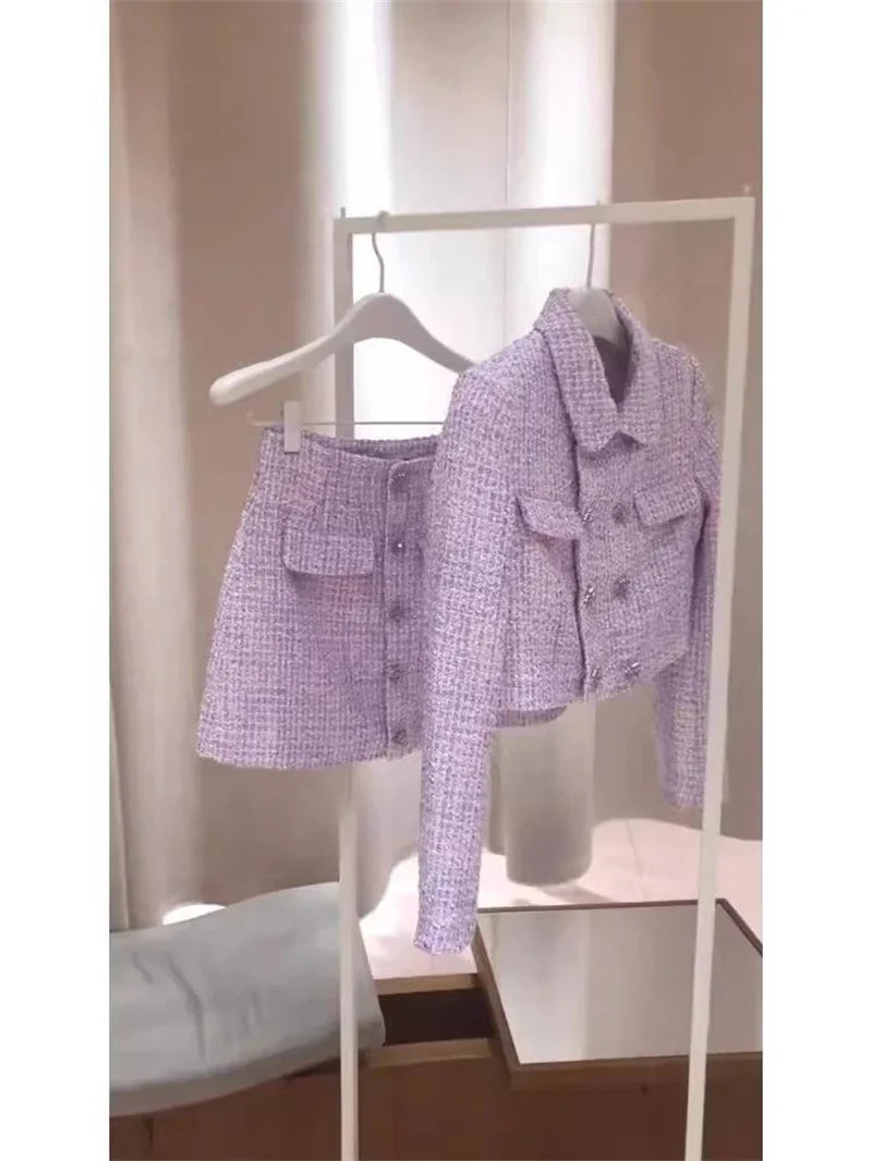 New Luxury High End Tweed Women's Two Pieces Set Elegant Lapel Double Breasted Slim Short Coat + Mini Skirt Fashion Suit