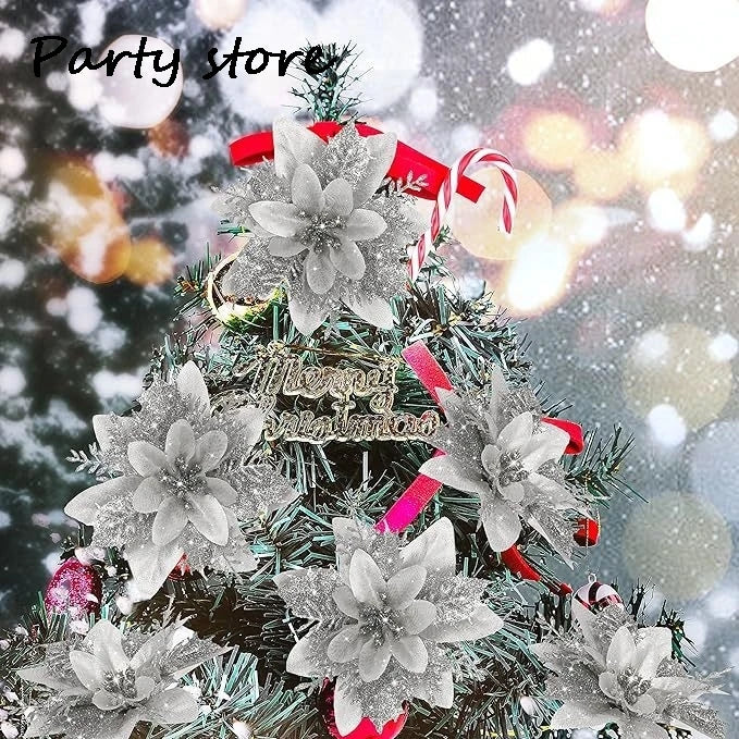 Silver Glitter Christmas Flowers Silver Xmas Tree Artifical Flower Ornaments Merry Christmas Decoration For Home Party New Year