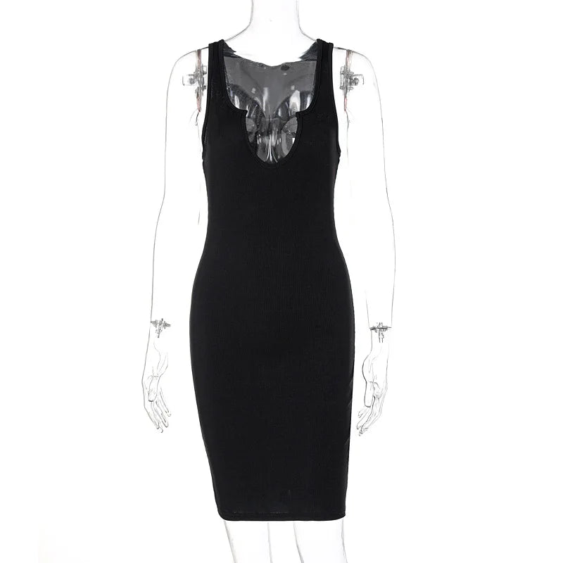 Sexy Deep U Neck Wrap Chest Slim Bodycon Dress Women Sleeveless Solid Color Skinny Dress Elegant Club Party Vestidos