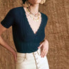 Women V Neck Knitted Crochet Tee With