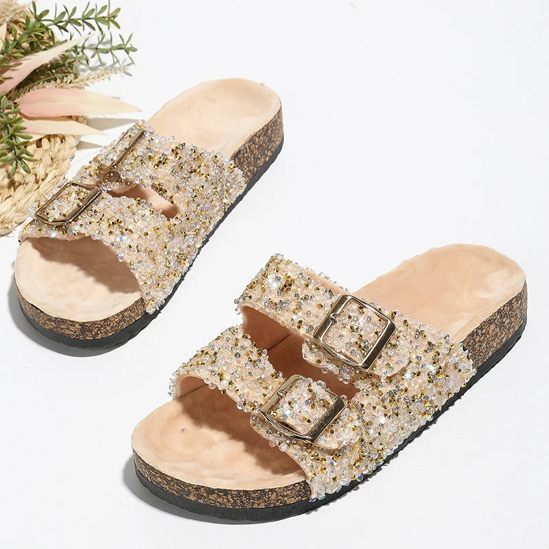 Double Metal New Fashion Buckle Diamond Sequins Slippers Home Leisure Beach Women's Flat Sandals for Fall and Winter Models