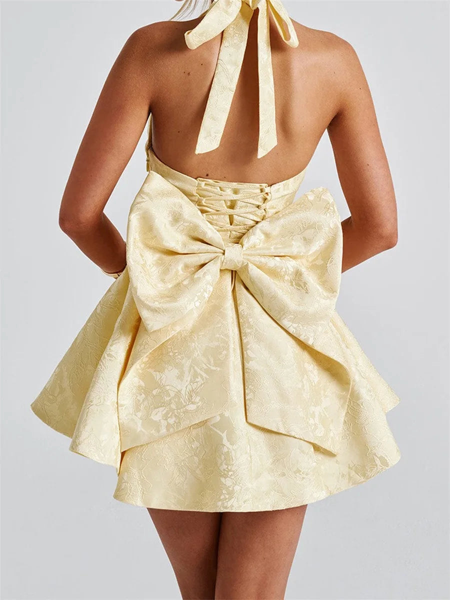 Women Halter Neck Short Dress Summer Jacquard Big Bow Backless Bandage Elegant Evening Party Dresses for Cocktail Prom Wedding