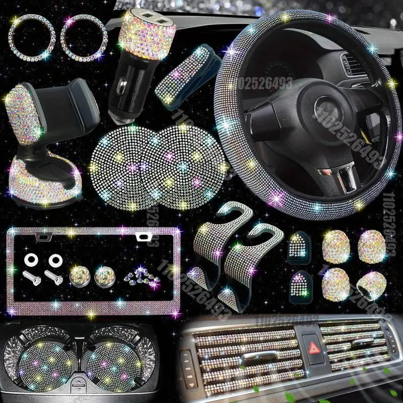 Car Accessories Set 27/4Piece Women Bling Universal Fit Polyester Steering Cover Shiny License Frame Phone Holder Coasters Tools