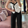 Spring Summer Sleeveless Suit Fashion Print Two Piece Sets Women Sexy V-neck Button Metal Sling Top & Wide Leg Pants Outfits