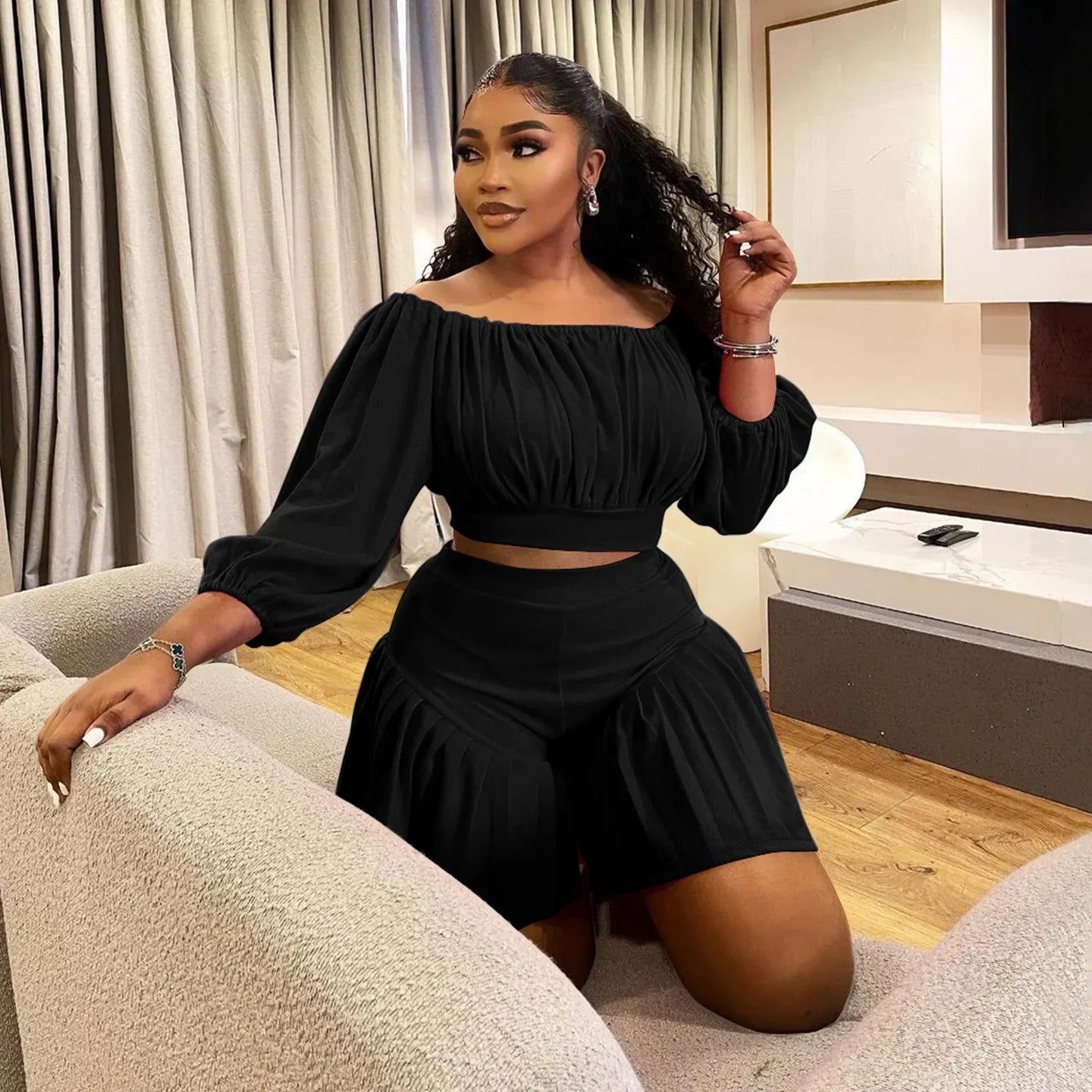Customized Plus Size Women's Set Long Sleeve Slash Neck T-Shirt and Shorts 2025 Summer Ruched Two 2 Piece Set Outfits Tracksuit