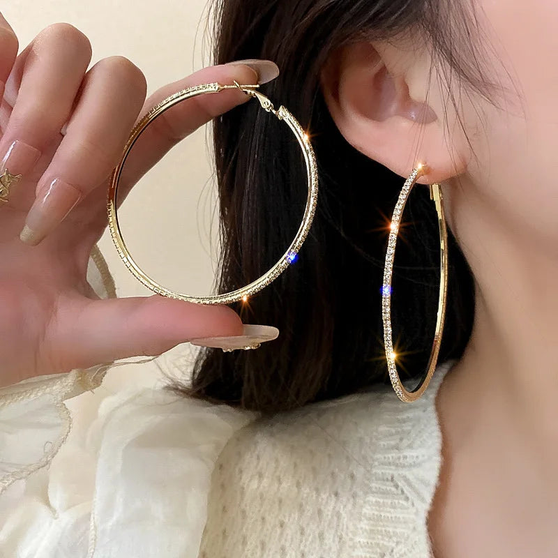 30-80mm Big Hoop Earrings For Women Girls Circle Crystal Rhinestone Earrings Black Gold Silver Color Round Earings Party Gift