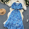 Summer Pleated Women Buttons Dresses Casual Beach Holiday Short Sleeve V Neck Woman Midi Dress Bohemian Mujer Vestidos