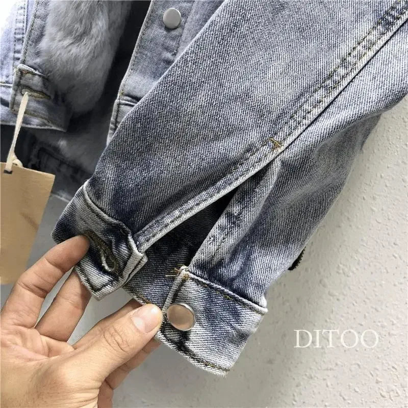 Women Denim Cost Single Breasted Button Jackets Fleece Patchwork Cardigan Pockets Outerwear Casual Warm Solid Loose Fit