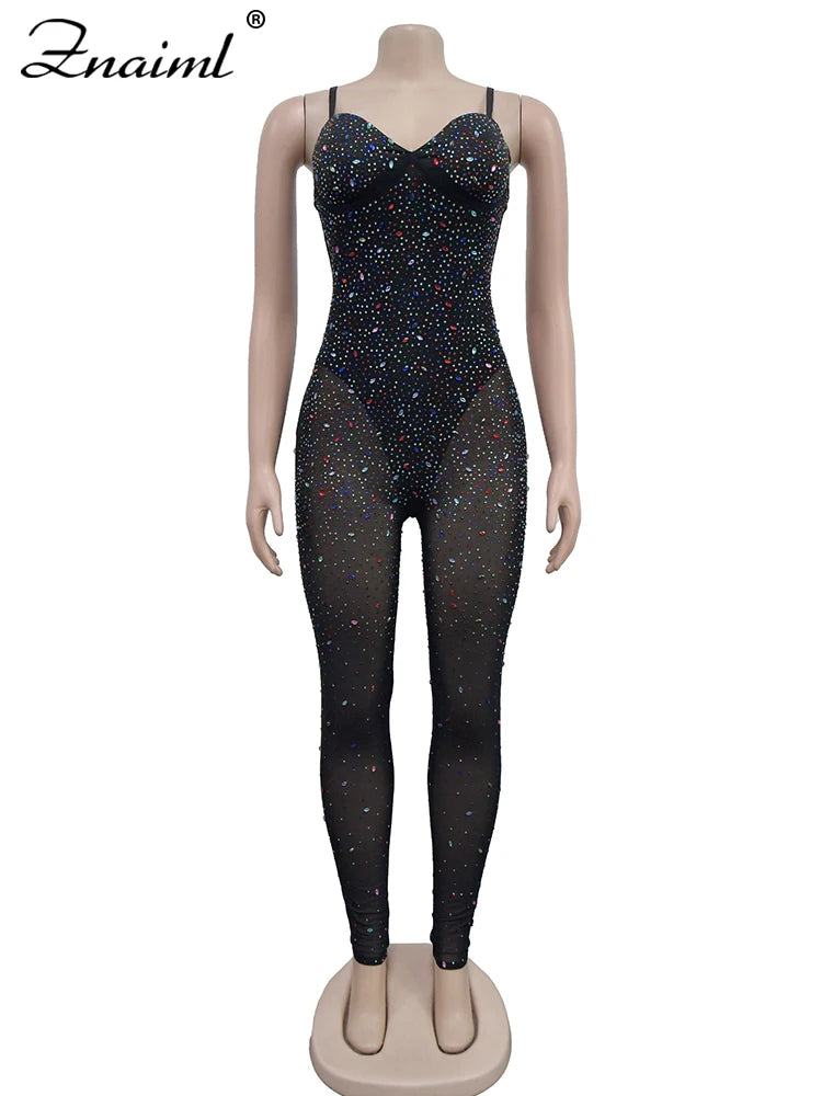 Znaiml Luxury Birthday Night Club Party One Piece Rompers and Jumpsuits for Women Sexy Mesh Sheer Colourful Diamonds Overalls