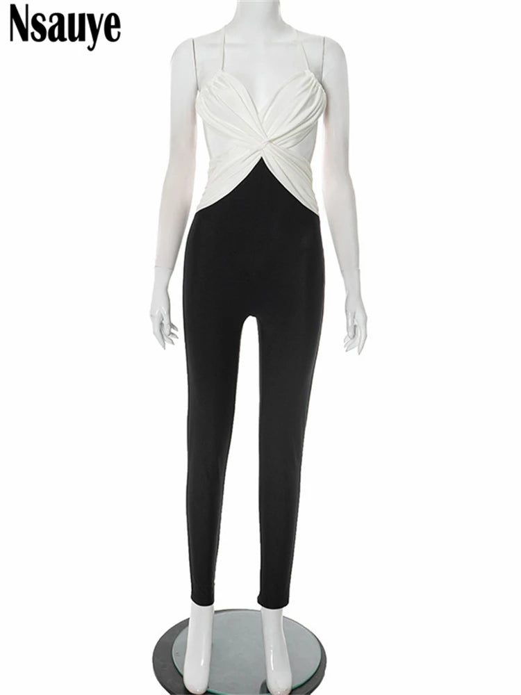 Nsauye High Waisted Bodycon Women Sexy One Pieces Fashion Y2K V Neck Jumpsuit Top Summer 2025 Club Overalls Bodysuit Low Cut Out