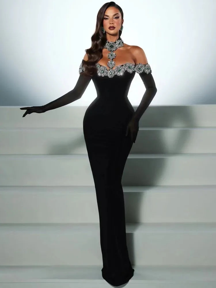 Summer Bandage Dress 2024 Women Celebrity Sexy Diamonds Crystal Black Maxi Long Bodycon Elegant Evening Club Party Dress