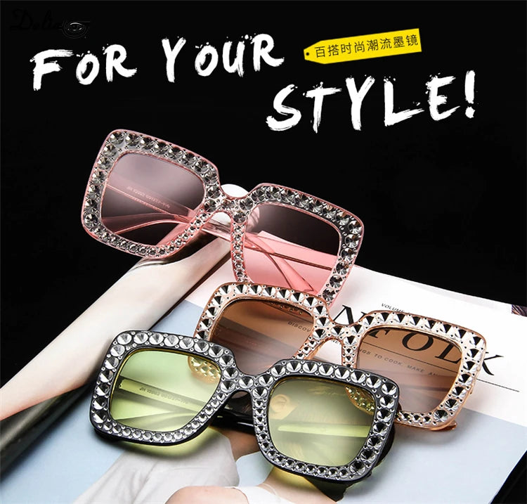 Glitter Women Sunglasses Brand Design Flash Square Shades Mirror Female Sun Glasses Bezel Bling Rhinestones