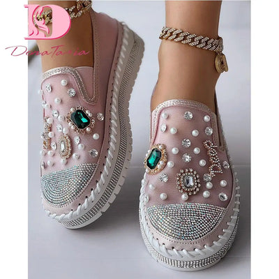 Big Size 43 Brand New Ladies Platform Loafers Fashion Rhinestonen Pearl Solid women's Sneakers Casual Spring Autumn Women Shoes