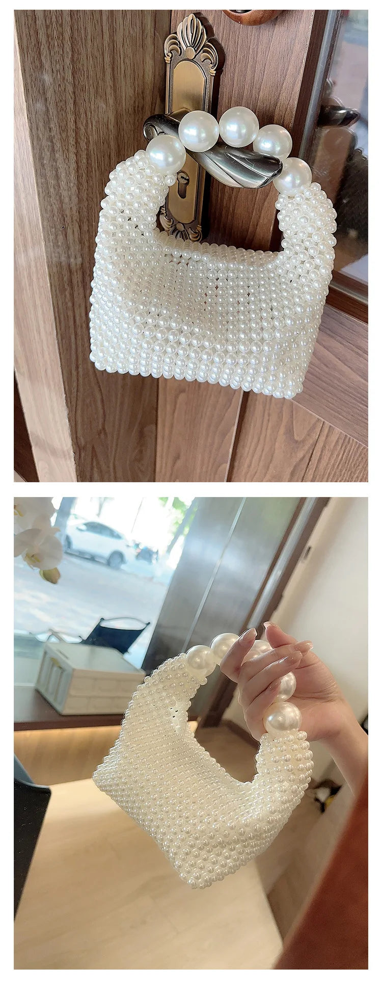European and American style new beaded handbag Summer women's pearl bag hand woven wrist bag Fashion temperament handbag