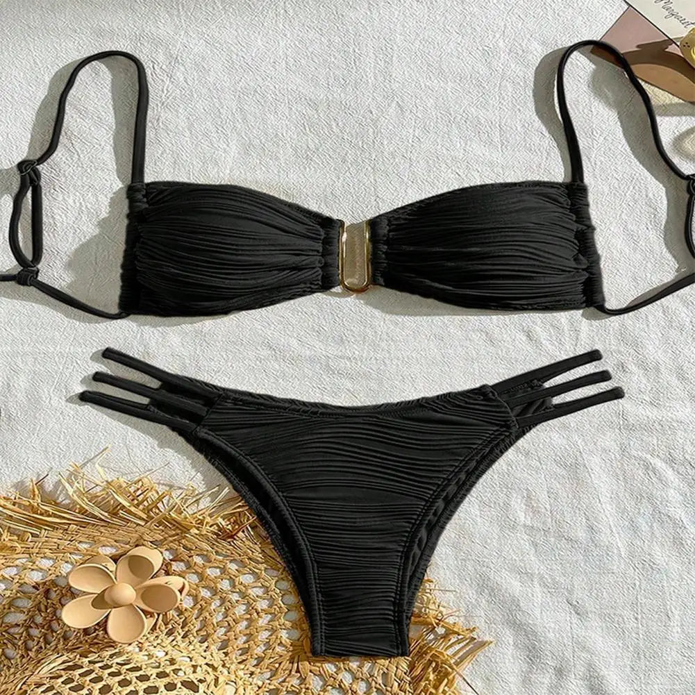 Women Two-piece Trunk Swimsuit Stylish Bandeau Padded Bikini Set Split Swimming Suit Lady Girls Pad Bra Briefs Set Beachwear