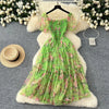 Elegant Slash Neck Vintage Short Puff Sleeve Chic Print Slim Chiffon Dresses French High Street Evening Autumn Mesh Clothing