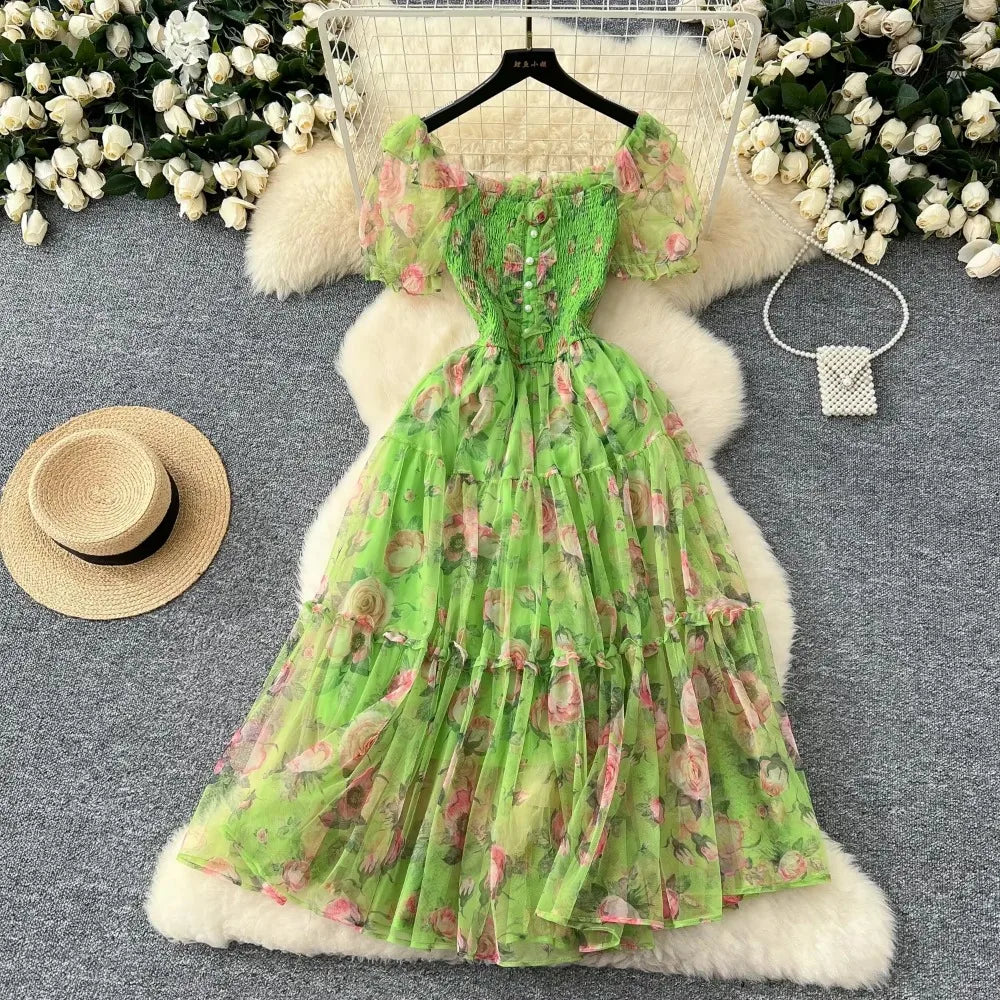 Elegant Slash Neck Vintage Short Puff Sleeve Chic Print Slim Chiffon Dresses French High Street Evening Autumn Mesh Clothing